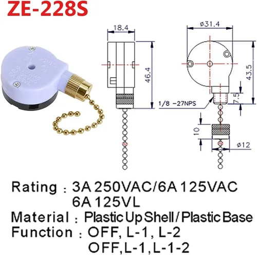 Vista 2 de ZE-228s Interruptor de ventilador de techo de 2 velocidades y 3 cables, piezas de repuesto, accesorios para ventiladores de techo (cadena de latón)