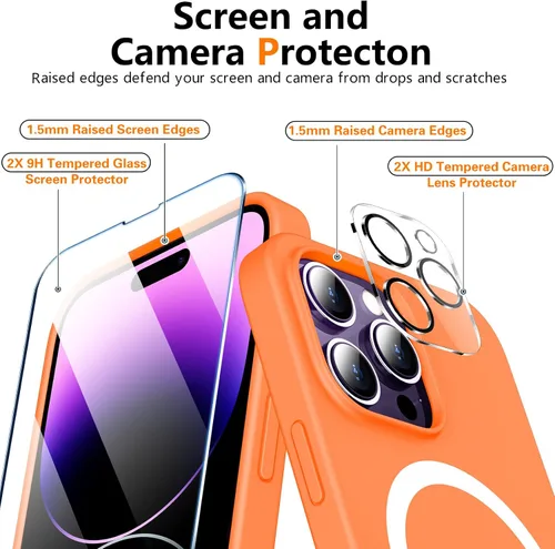 Vista 5 de Funda magnética de silicona líquida para iPhone 14 Pro, compatible con Magsafe, 2 protectores de pantalla de vidrio + protector de cámara, delgada