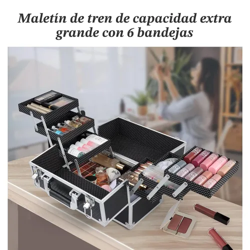 Vista 7 de Frenessa - Maletín de maquillaje portátil de 12 pulgadas, 6 bandejas de maquillaje, organizador de maquillaje profesional con llaves con cerradura