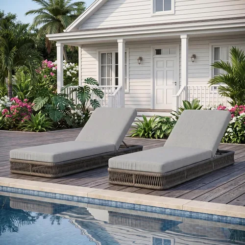 Vista 9 de Outdoor Chaise Lounge Chairs Set of 2, Brown Woven Rope Pool Lounge Chairs marrón/beige