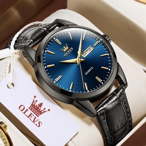 Vista 2 de OLEVS Relojes para hombres de cuero marrón caja dorada analógico cuarzo moda negocios vestido reloj día fecha luminoso impermeable casual masculino