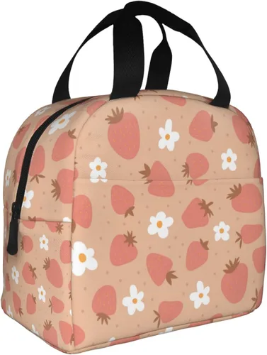 Vista 2 de Bolsa de almuerzo con aislamiento de fresas y flores, bolsa reutilizable para el regreso a clases, contenedor portátil para niños y niñas, cajas