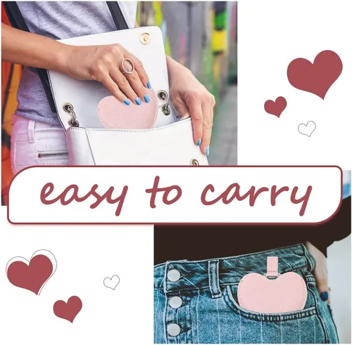 Vista 3 de Espejo compacto de acero inoxidable, espejo de bolsillo inastillable en forma de corazón con funda de piel sintética, mini espejo irrompible