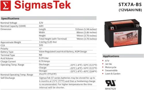 Vista 3 de SigmasTek STX7A-BS - Batería sellada de plomo ácido, sin mantenimiento, para ATV, quad, motocicleta, scooter, ciclomotor