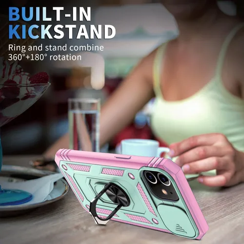Vista 5 de Funda para iPhone 11, soporte giratorio y cubierta deslizante Verde Rosa
