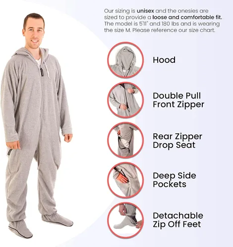 Vista 4 de Forever Lazy - Mameluco con pies para adultos, pijamas de una sola pieza para hombre o mujer, overol unisex, con pies desmontables