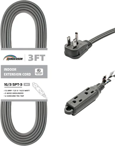Vista 21 de Cable de extensión de enchufe plano de 3 tomas, certificado UL, cable de extensión para interiores de 16 calibre 1 pie negro de 3 puntas, tira
