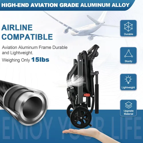 Vista 4 de Silla de ruedas ultraligera de transporte (solo 15 libras), silla de ruedas portátil plegable con freno de mano, carros para viajes en avión