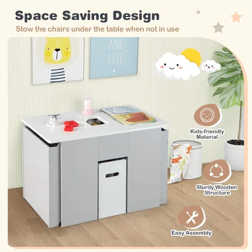 Vista 5 de HONEY JOY Juego de mesa y silla para niños, mesa convertible para niños y 2 bancos y estantería organizadora de almacenamiento de juguetes de 4