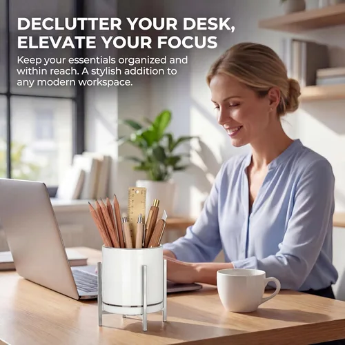 Vista 2 de Vaso de cerámica para escritorio, soporte de lápiz blanco y negro para escritorio, soporte para brochas de maquillaje de escritorio, soporte
