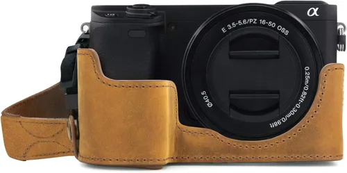 Vista 10 de MegaGear MG1641 Ever Ready - Media funda de cuero genuino para cámara compatible con Sony Alpha A6100, A6400 - Negro