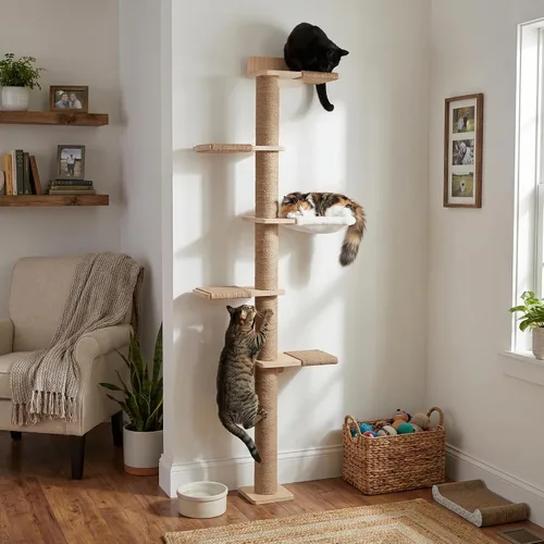 Vista 9 de Cat Wall Shelves Set with 2 Washable Beds & 4.92FT Scratching Post