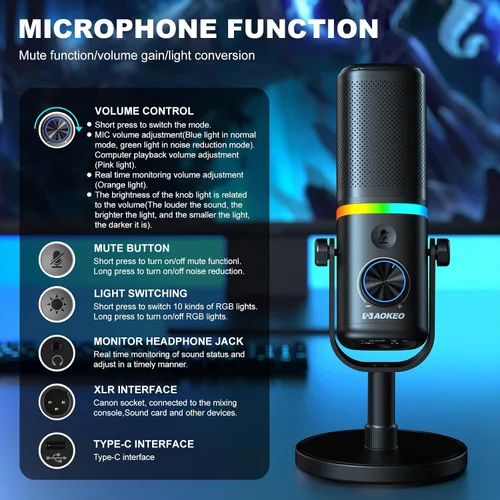 Vista 2 de Aokeo Micrófono para PC, AK-10 USB/XLR Micrófono de escritorio dinámico para juegos, podcast, transmisión con luz RGB, control de volumen, botón