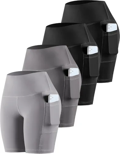 Vista 38 de CHRLEISURE - Pantalones cortos de ciclismo para mujer con bolsillos de licra, cintura alta, con control de abdomen para entrenamiento, yoga