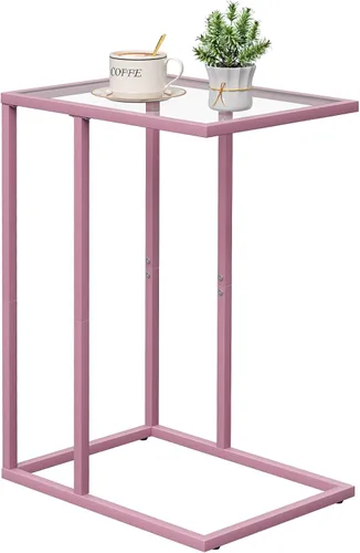 Vista 10 de Mesa auxiliar de cristal en C, mesa auxiliar para sofá, mesa auxiliar de vidrio templado con marco de metal, mesa de bandeja de TV para espacio Negro