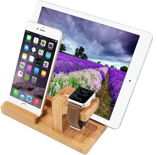 Vista 3 de Estación de carga de escritorio multidispositivo de madera de bambú Soporte de carga para iPhone 16 15 14 13 12 11 Pro Max iWatch 2 3 4 5 compatible