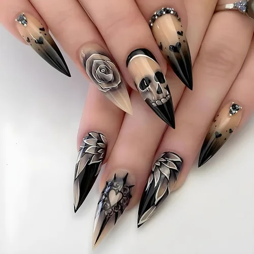 Vista 35 de Paquete de 6 144 uñas acrílicas de Halloween a presión, uñas postizas reutilizables de cobertura completa, uñas postizas adhesivas con pegamento