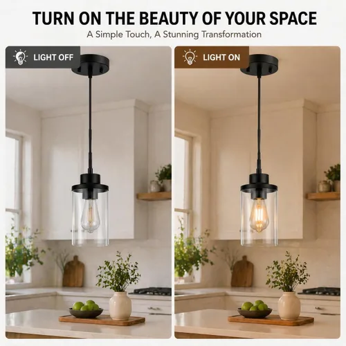Vista 5 de Moderna Lámpara Colgante de Granja Negra de Vidrio Transparente Cilíndrico, Iluminación Colgante de Metal Industrial Mini para Isla de Cocina, Mesa