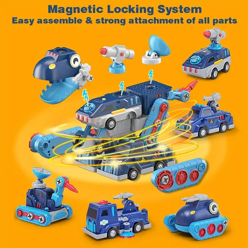 Vista 2 de Desmontar vehículo juguete magnético transformar coche dinosaurio robot construcción herramienta 5-in-1 Trucks STEM Assemble Car with Storage Box