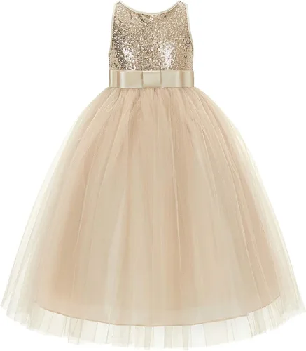 Vista 2 de ekidsbridal Vestido de niña de flores con espalda en V y lentejuelas para niña, vestido de princesa para novia, vestido diario LG1