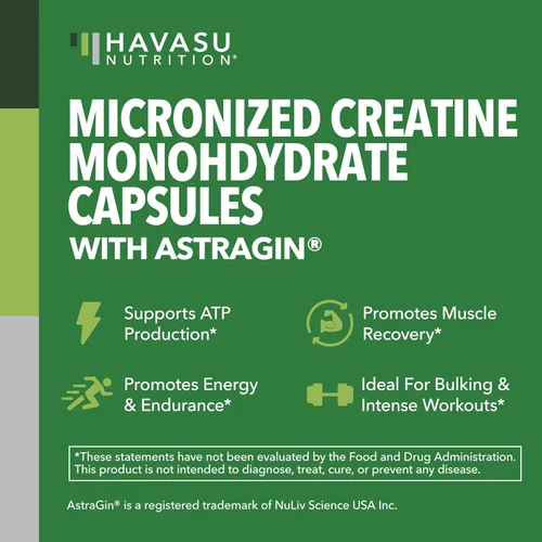 Vista 3 de Cápsulas de monohidrato de creatina micronizada con AstraGin - Apoya la fuerza muscular, la energía y la recuperación - 120 unidades - Fórmula