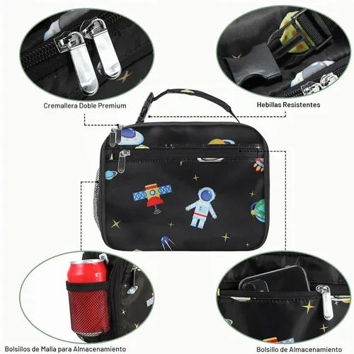 Vista 4 de Lonchera para niños y niñas, bolsa de almuerzo aislada y duradera, lonchera para niños con astronauta para la escuela