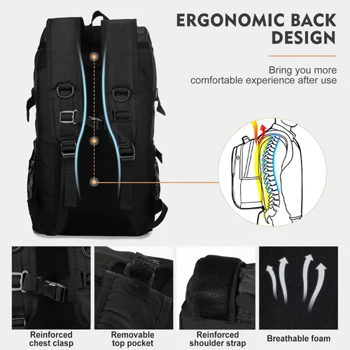 Vista 6 de VGCUB Mochila de viaje grande, mochila de transporte para mujeres y hombres, mochila de gimnasio aprobada por aerolíneas, Negro -, Ocio