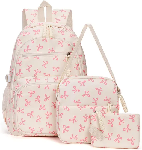 Vista 10 de Mochila con lazo para mujer, mochila kawaii de nailon coquette, juego de 3 piezas, linda mochila para computadora portátil universitaria, mochila