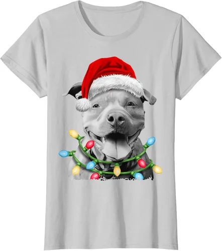 Vista 21 de Pit Bull Santa - Camiseta de perro con luces para árbol de Navidad para niños, Negro, S