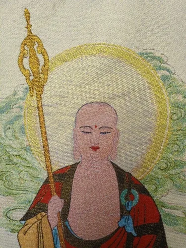 Vista 4 de Budismo tibetano Thangka de seda Embroidey Ksitigarbha Boddhisattva Tangka Thangka Mural Fengshui para decoración del hogar, tapiz de meditación