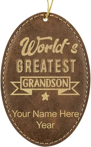 Vista 10 de LaserGram Personalized Christmas Ornament, World's Greatest Grandson, Faux Leather, Custom Laser Engraved Gift Idea (Oval Shape, Black with Silver)