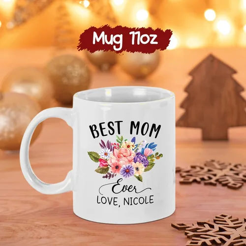 Vista 5 de Taza de café con nombre personalizado "Best Mom Ever", regalos para cumpleaños, regalos de niños, taza de café floral personalizada, regalo
