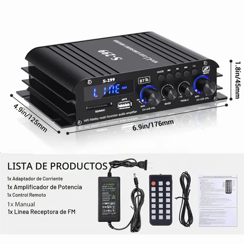 Vista 6 de Amplificador de audio Bluetooth S299 Max 800W para el hogar, RMS 40Wx4 4.1CH Amplificador de potencia Bluetooth con subwoofer activo, sistema