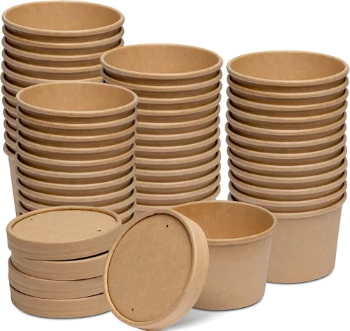Vista 7 de GUSTO Recipientes de papel kraft de 8 onzas con tapas ventiladas. Tazones de sopa To Go Hot para llevar, tazas de helado desechables, ideales