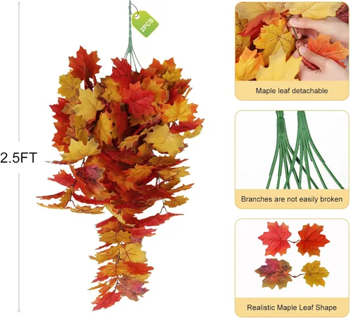 Vista 2 de Plantas colgantes de hojas de arce de otoño, hojas artificiales de otoño, vides al aire libre, decoración al aire libre, hojas de arce artificiales