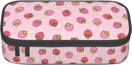 Vista 2 de Estuche para lápices con lunares rosados de fresa de gran capacidad, bolsa de papelería con cremallera, soporte portátil para bolígrafos