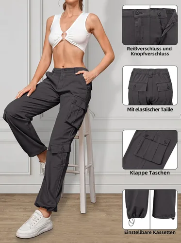 Vista 4 de ZMPSIISA Pantalones de mujer de cintura alta, pantalones cargo militares de pierna ancha, pantalones casuales de 8 bolsillos