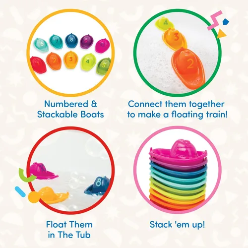 Vista 3 de Battat 10 botes de baño apilables - Horario de baño numerado y apilable - Juguetes flotantes para el baño, piscina, playa - Juguetes educativos