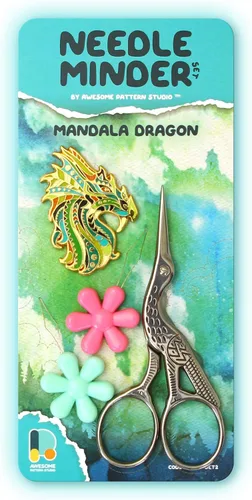 Vista 8 de Awesome Pattern Studio Needle Minder Set – Mandala Dragon Magnetic Needle Minder + 2 agujas Threaders. Pin esmaltado para punto de cruz, bordado