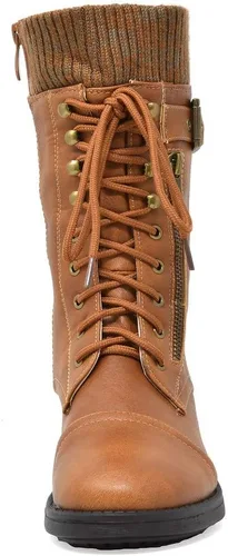 Vista 6 de DREAM PAIRS Botas militares de invierno con cordones a media pantorrilla para mujer