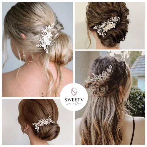 Vista 4 de SweeTV Peineta con clip deslizante para cabello de novia, accesorio de cristal para boda para novias y damas de honor, dorado
