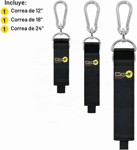 Vista 3 de Correa de almacenamiento Wrap-It con gancho y enganche - Paquete surtido de 3 piezas en negro - Soporte resistente para cables de extensión