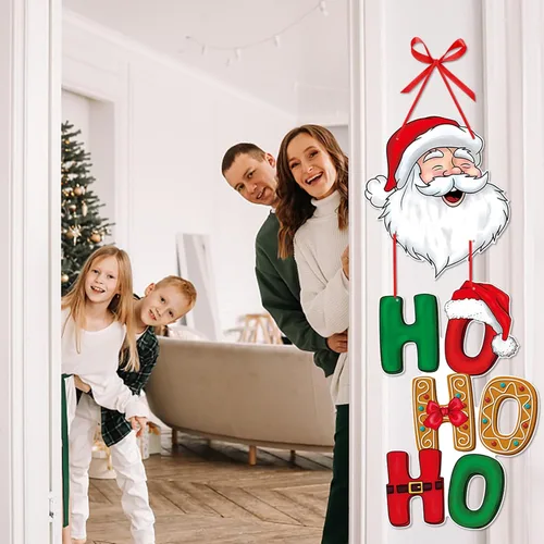 Vista 5 de Cartel de Navidad para puerta delantera de porche, decoración de Navidad en rojo y verde, carteles de papel para fiesta, carteles, árboles, alces