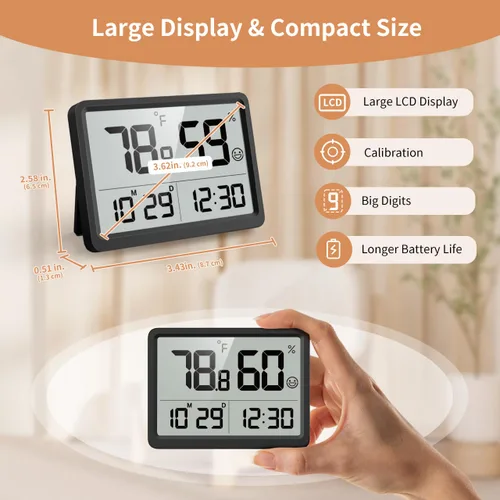 Vista 3 de DOOMAY Termómetro de Habitación Interior - Higrómetro Monitor de Temperatura y Humedad con Sensor de Alta Precisión Pantalla LCD Pantalla Grande