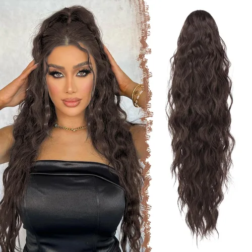 Vista 24 de FESHFEN Extensiones de cola de caballo – 26 pulgadas cordón largo rizado ondulado clip en colas de caballo pelo sintético extensiones de cola