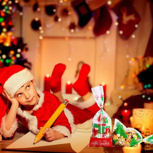 Vista 4 de LOKIPA 200 bolsas de celofán de Navidad, bolsas de regalo de celofán transparentes de Navidad, bolsas de dulces con lazos giratorios