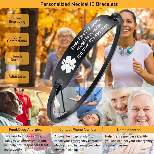 Vista 2 de VNOX Pulsera de identificación de alerta médica de acero inoxidable con grabado personalizado gratis