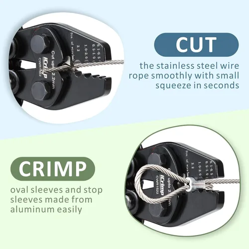 Vista 4 de iCrimp CWR1522 Herramienta de prensado de cable con función de corte para barandillas de cable, crimpado manual de mangas ovaladas de aluminio