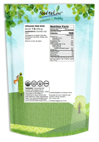 Vista 2 de Food to Live Arroz rojo orgánico, 1 libra, sin OMG, variedad de grano entero, antiadherente, vegano, kosher. Fuente de proteínas. Rico