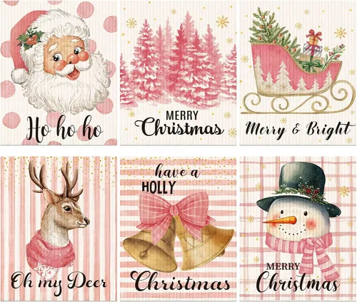 Vista 9 de Yinder 6 Piezas Paños de Cocina Suecos de Navidad para Mesa Paños de Platos Reutilizables de Navidad Paños de Limpieza Absorbentes de Secado Rápido